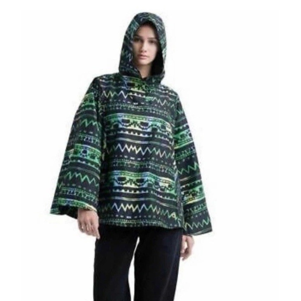 Herschel Voyage Poncho Women S Black Green Zig Zag Rain Jacket Packable NWT
